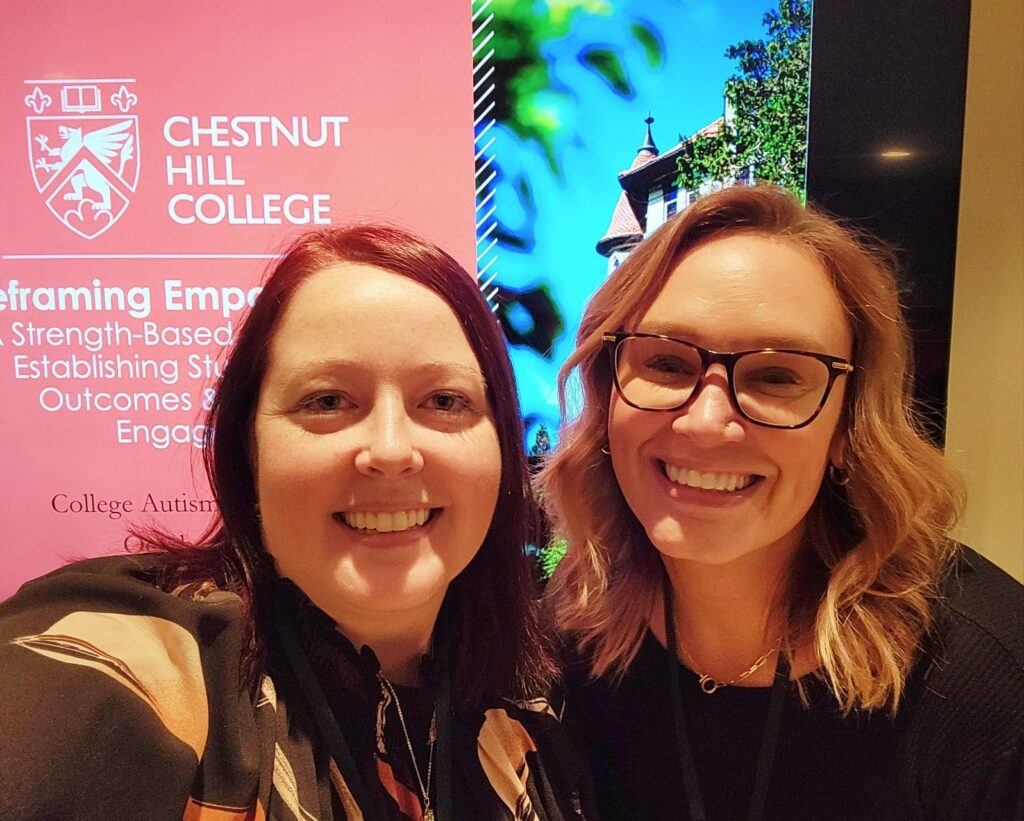 Laura and colleague at the College Autism Summit in Nashville. Laura is pictured with red hair on the left, colleague is on the right with blonde hair